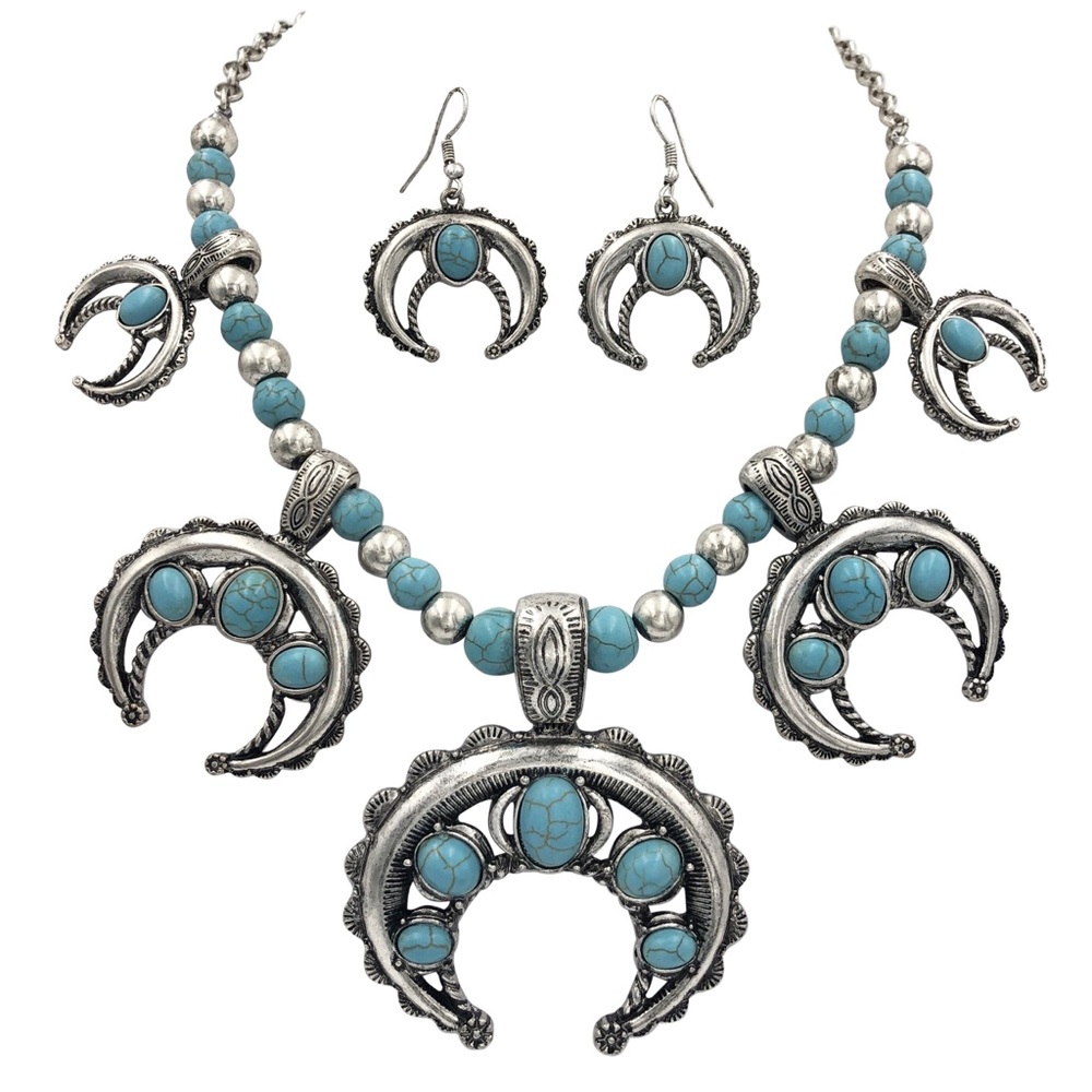 5 Squash Blossom Turquoise Necklace Earrings Set